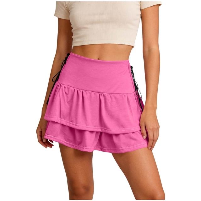 TaTaai Women's Solid High Waisted A-Line Mini Skirt Tiered Ruffle Tie Waist Double Layer Hem Vintage Style for Casual Summer Daily Wear Gift