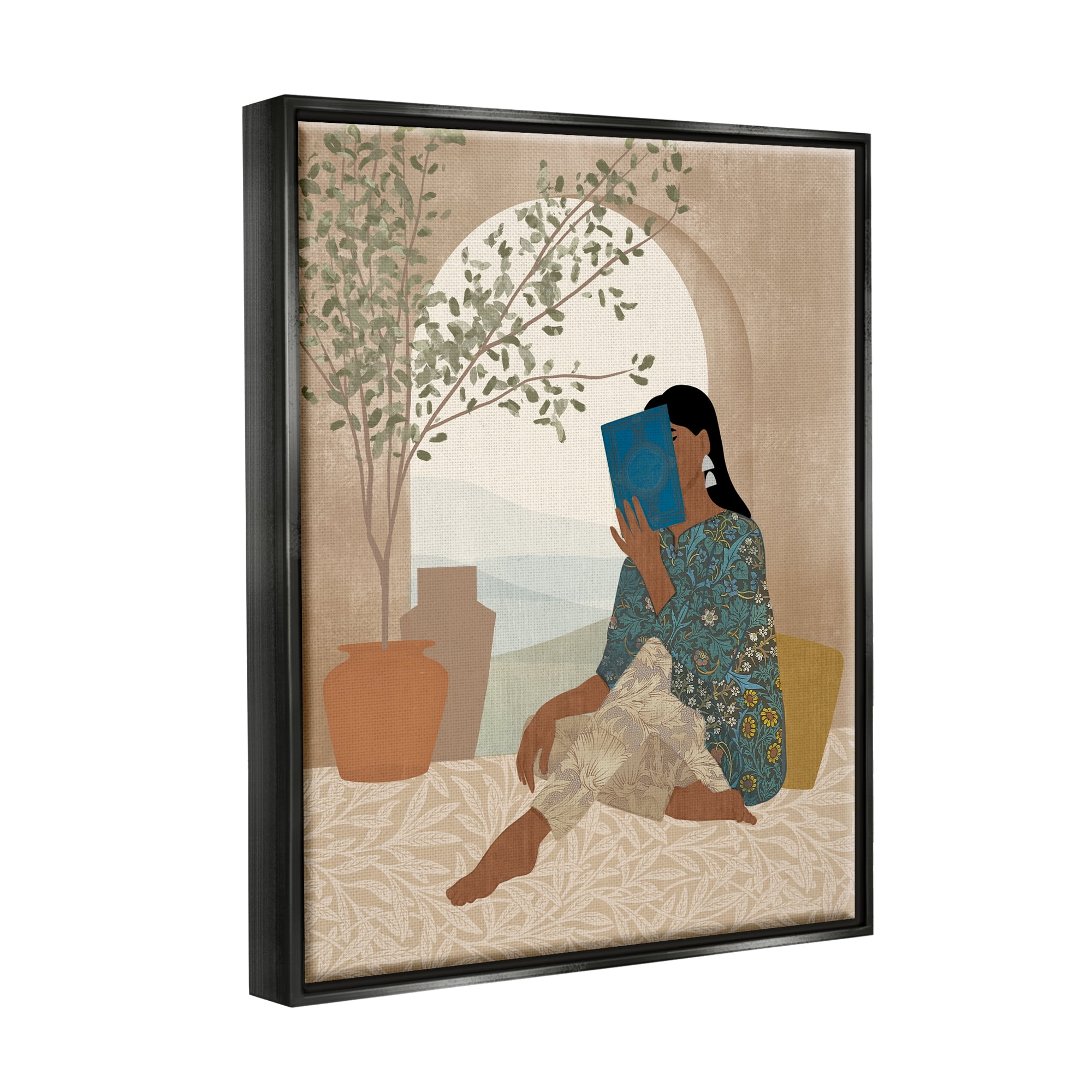 Stupell Industries Boho Woman Reading Botanical & Floral Painting Black Floater Framed Art Print Wall Art, 17 x 21