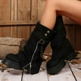thumbnail image 2 of KEGIRLOM Women Fashionable And Casual Thick Heel Round Toe Pants With Side Zipper And Belt Buckle Suede Maillard Western Slim Boots Black 5.5, 2 of 9