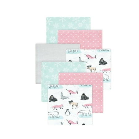 Little Treasure Hudson Baby Girls Cotton Poly Flannel Receiving Blankets 7-Pack, Pink Arctic Animals, 30x30 inches