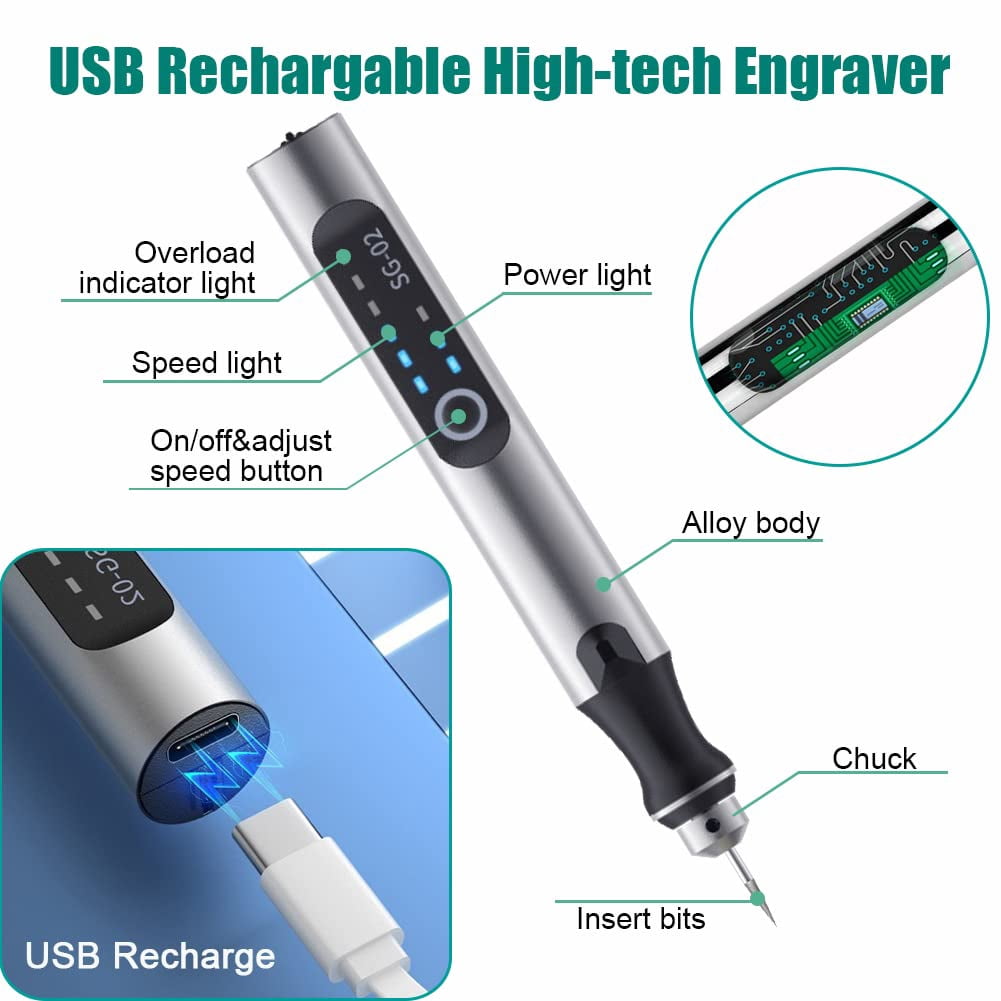 USB Rechargable Engraving Pen with 35bits,Mini Electric Engraver Etching Machines Cordless Rotary Tools Engraved Jewelry Stone Metal Plastic Wood Resin