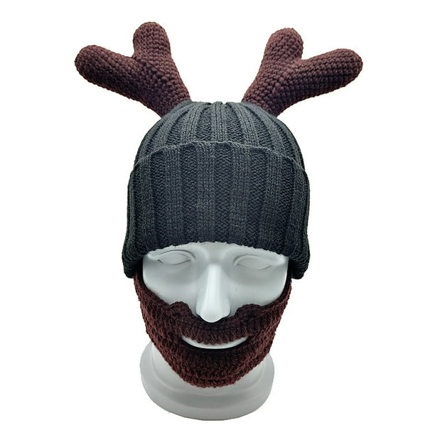 Gorro de punto con asta de reno y barba para adultos