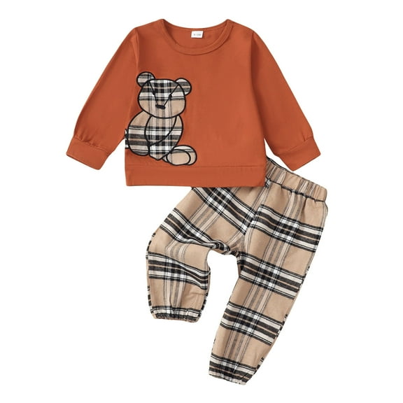 12 Months Baby Boys Clothes 18 Months Boys 2PCS Fall Winter Outfits Set Cute Bear Print Toddler Boys Long Sleeve Round Neck Top Pants Set Brown