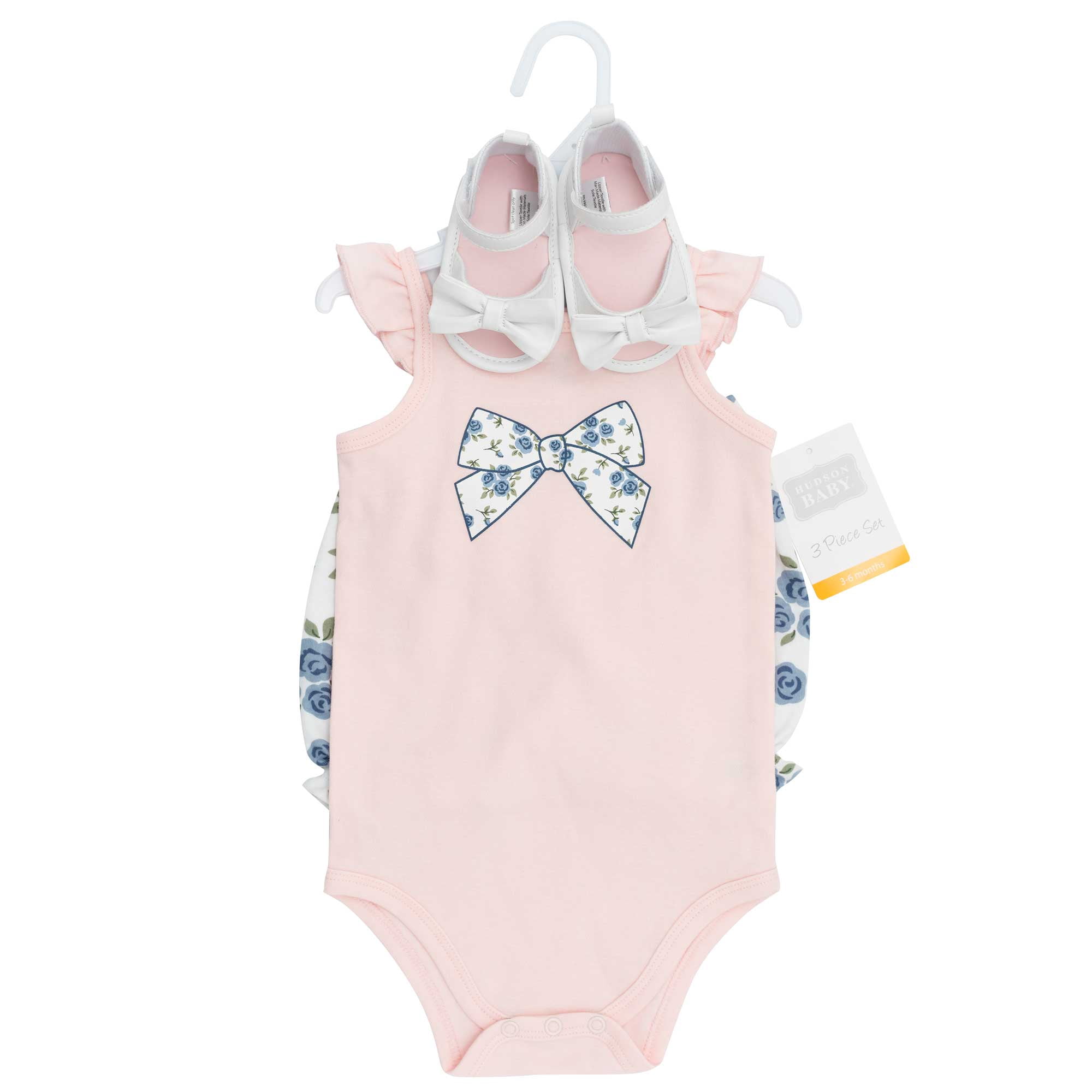 Hudson Baby Girl Cotton Bodysuit, Shorts and Shoe Set, Blue Pink Rose Bow, 12-18 Months