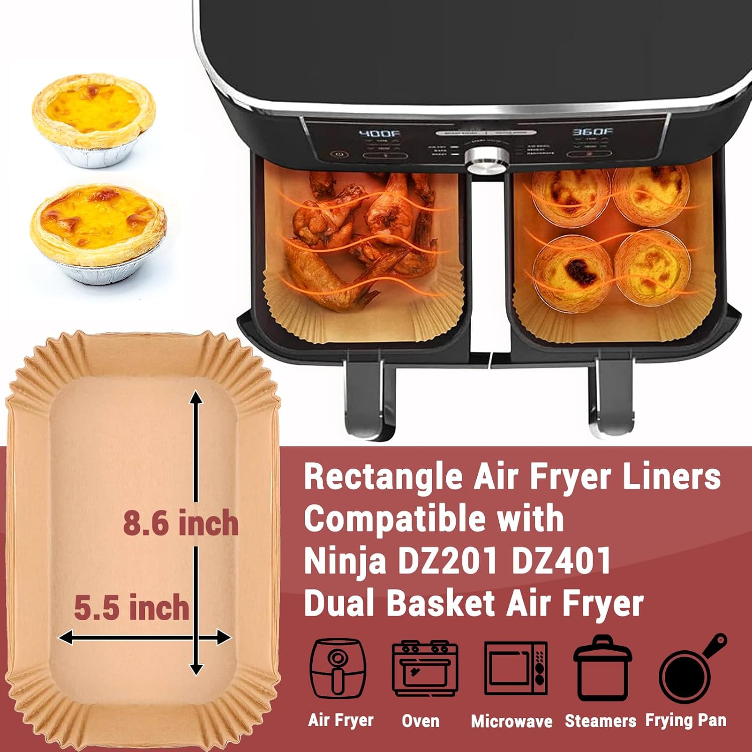 200PCS Air Fryer Liners for Ninja, 8.6 x 5.5 inch Disposable Air Fryer Paper Dual Ba et, Non-Stick Unbleached Parchment Paper Baking Accessories Liners for Natural Ninja DZ201 DZ401