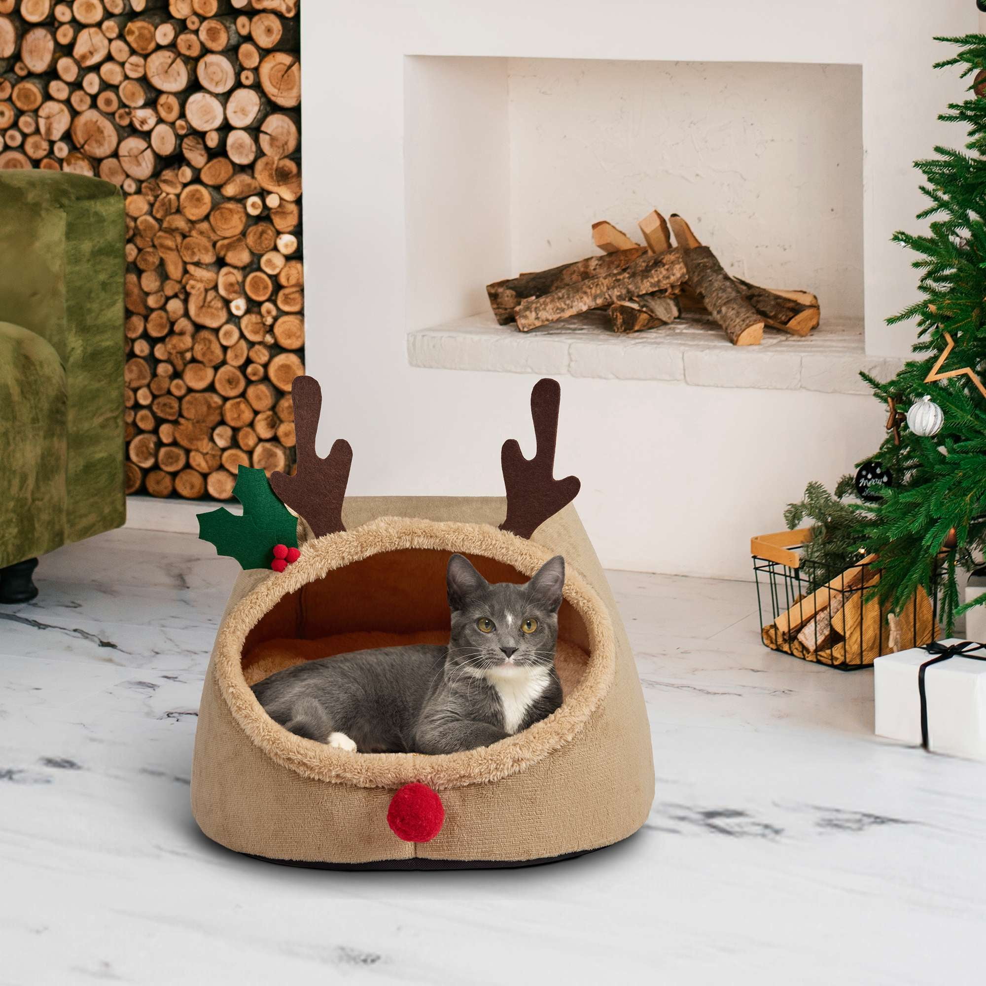 Vibrant Life Small Holiday Hideaway Dog Bed, Cat Bed, Reindeer