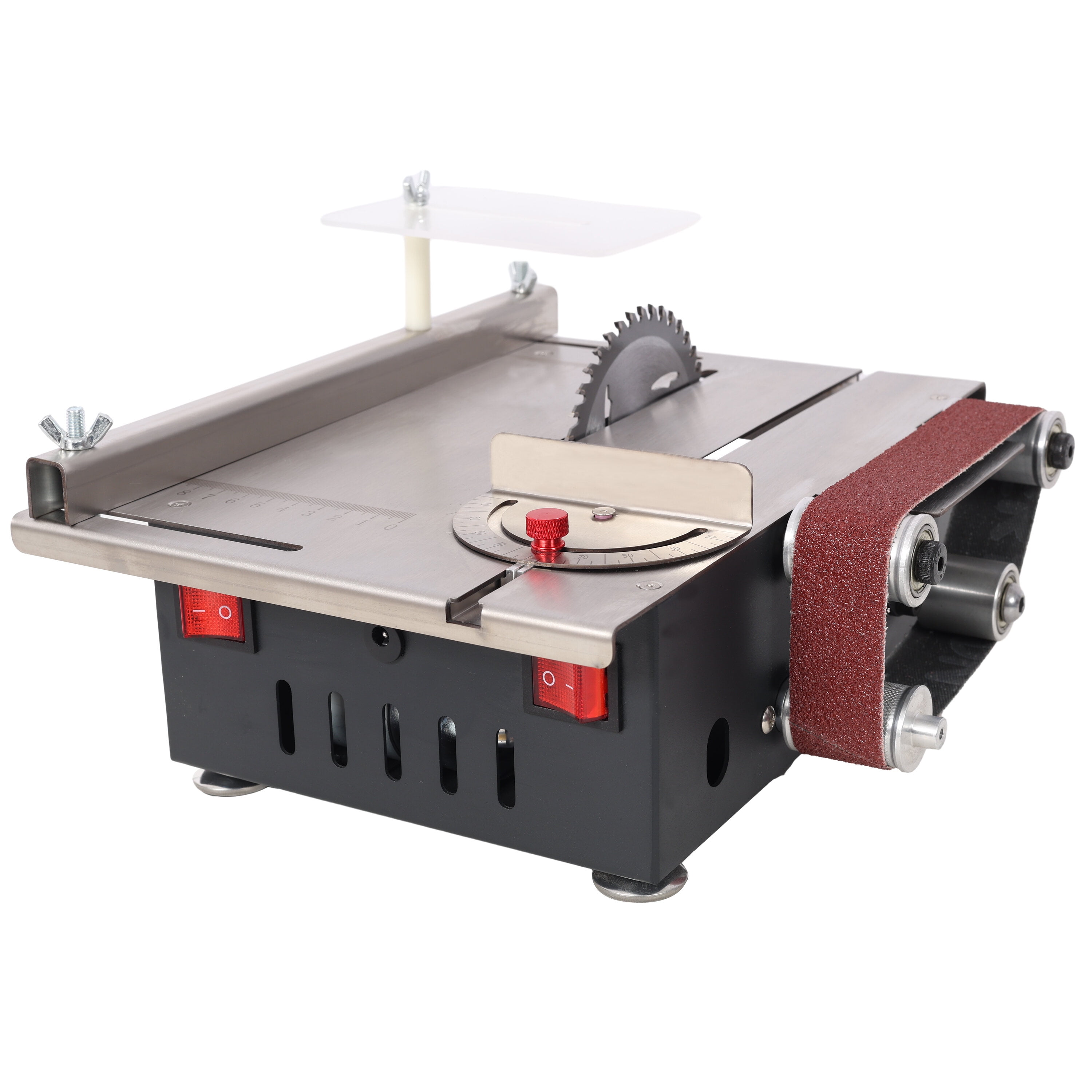 Power Drill, Mini Table Saw,Belt Sander, stainless steel top,4pcs Blades,10pcs Sanding Blet,7 Gear Adjustable 0-90° Angle, Available for Wood/PCB/Acrylic/Plastic,DIY Model Crafts Cutting Tool
