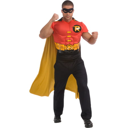 Adults Batman Robin Muscle Chest Costume T-shirt Cape & Mask Size XL 44-46