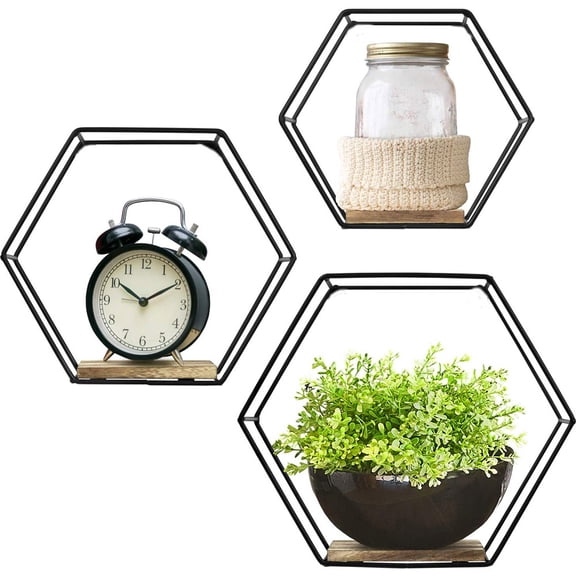 Yirtree Geometric Hexagon Shaped Mounted Floating, Home Decor, Metal Wire and Rustic Wood Wall Storage Shelves for Bedroom, Living Room, Bathroom, Kitchen and Office