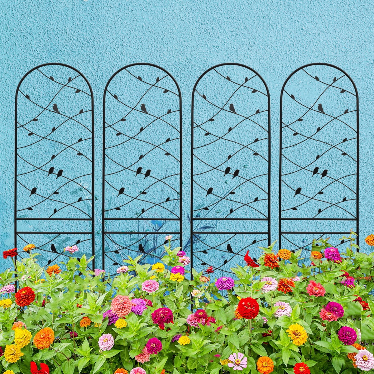 4-Pack 86.7"H×19.7"W Black Metal Garden Trellis Bird Decor Rustproof Support for Outdoor Climbing Plants