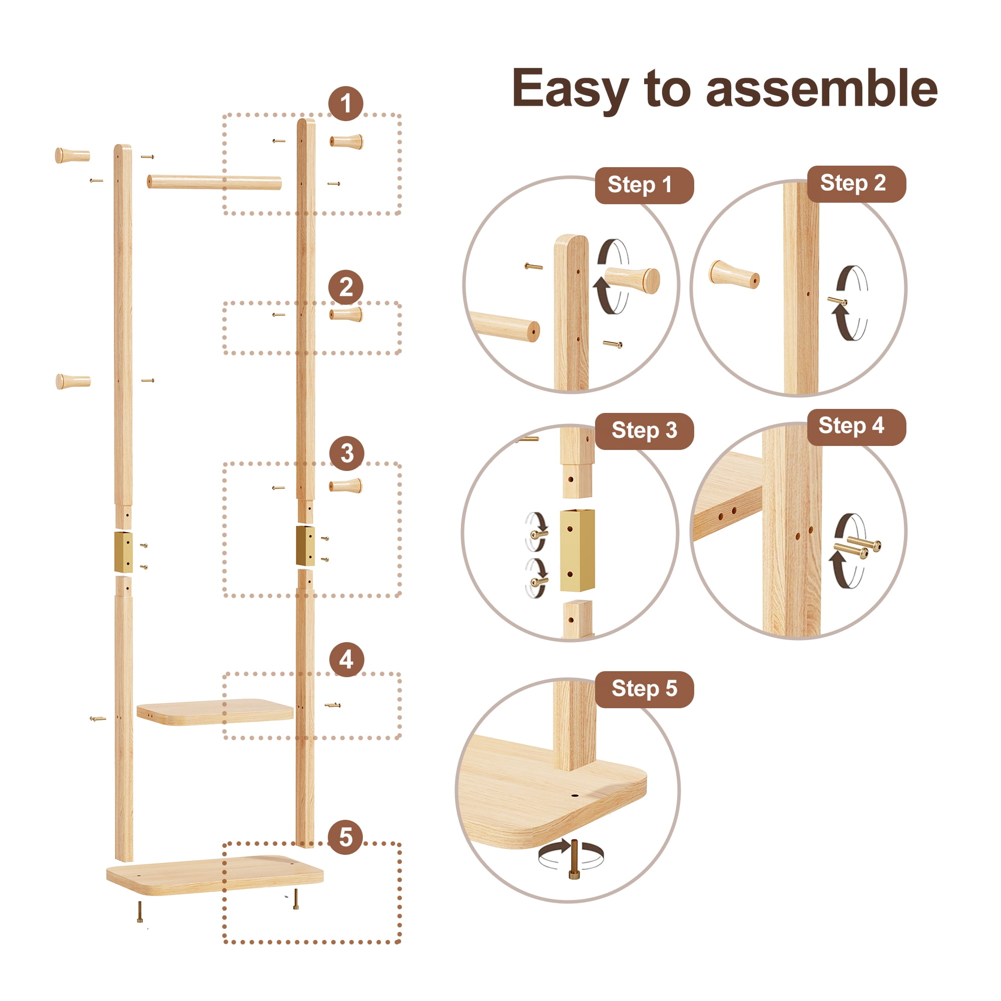 GARITIN Coat Rack and Hall Tree 18.9 Inch, Solid Wood Freestanding Coat Stand with Hooks for Entryway Living Room Bedroom, Natural