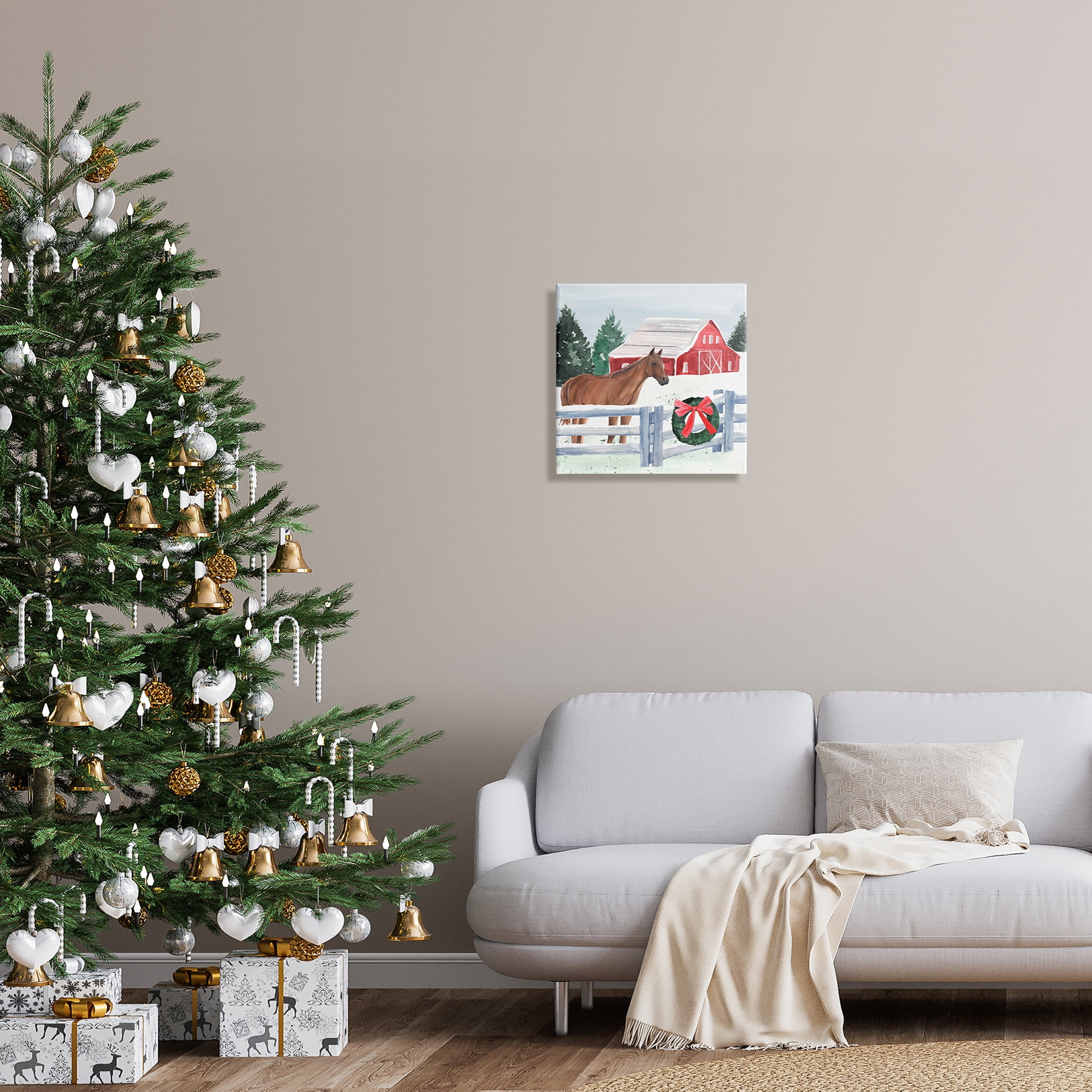 Charming Red Snowy Barn Horse Standing Winter Scene Animals & Insects Painting Gallery-Wrapped Canvas Print Wall Art