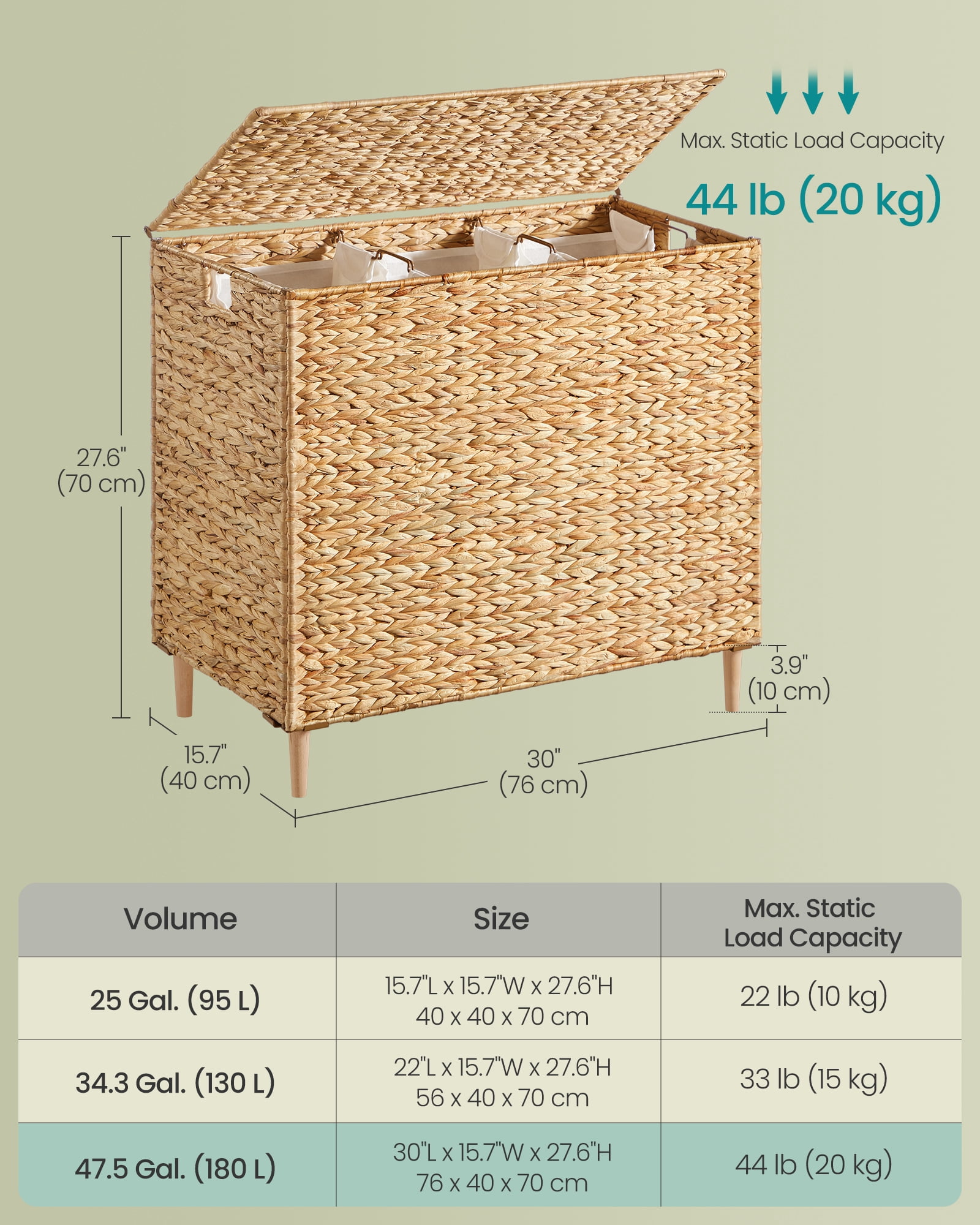 SONGMICS Laundry Hamper 3 Sections, 47.5 Gal. (180 L) Handwoven Water Hyacinth Wicker, with Lid, Removable Washable Liners, Handles, Natural