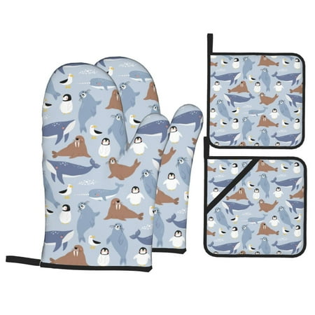 

Oven Mitts and Pot Holders Sets 4 pcs Seal Fox Seagull Whales Non-Slip Oven Gloves Potholders Soft Quilted Lining Heat Resistant Gloves Hot Pads for Kitchen Cooking Baking