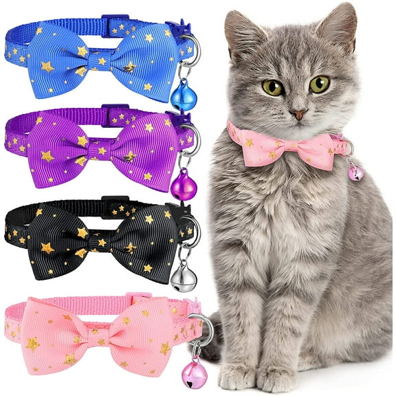 4 Pieces Cat Collar Breakaway Cat Bowtie Collar Cute Kitten Collar with Bell and Bow Tie for Kitten Cats and Other Small Pets (Blue, Black, Purple, Pink)