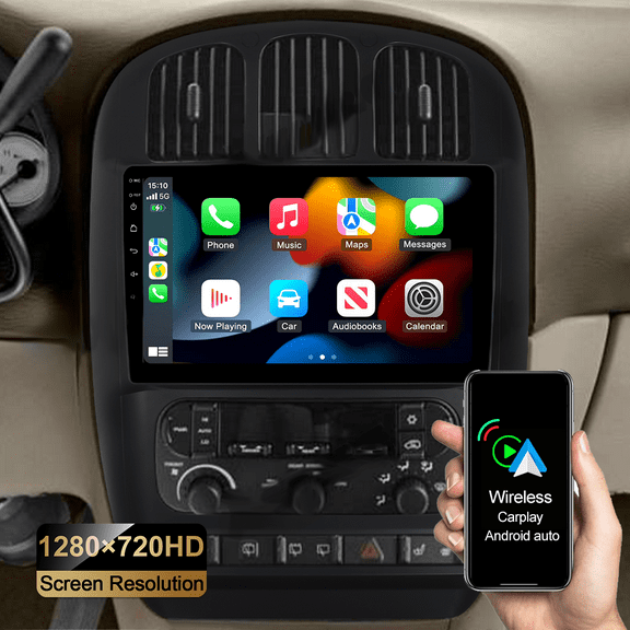 Car Stereo 2GB 32GB Android 15 10in Screen for Dodge Grand Caravan 2001-2007 Built-in CarPlay Android Auto GPS Bluetooth WiFi FM SWC AHD Backup Camera