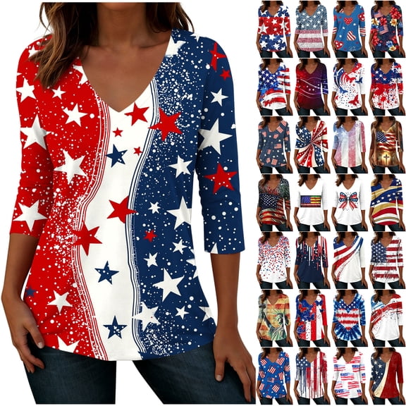 JTZGDY 4th of July Tops for Women Fashion USA Flag Printed Summer 3/4 Sleeve V Neck Graphic Tunic Blouse Loose Fit Casual Holiday Patriotic Shirts Navy#03 XXL