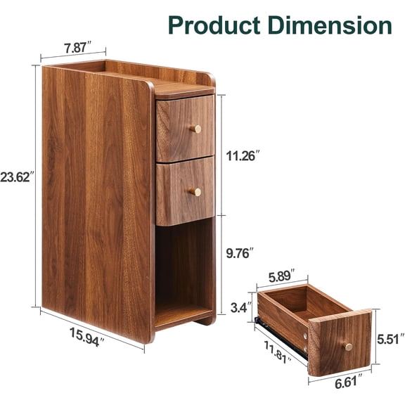 Narrow Nightstand Set of 2, Wooden Small 2 Drawer Side Table with Open Shelf, Mid  Modern Bedside Cabinet for Bedroom Living Room (Walnut)