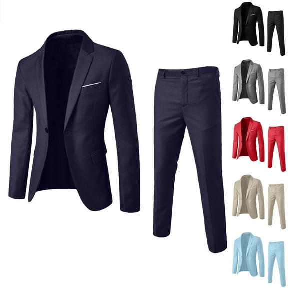 RYDCOT Mens Slim Fit 2 Piece Suit Solid Color Dress Stage Performance Button Long Sleeve Coat Pants Suit Set Navy 4(XL)