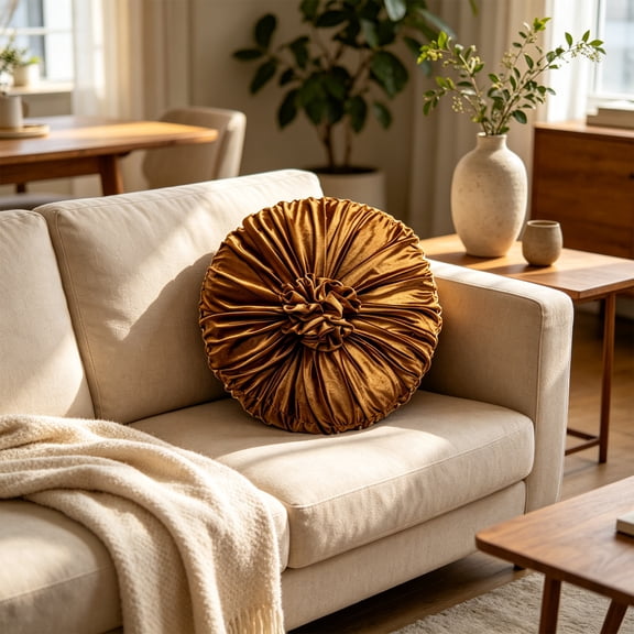 YLOMAY Round Throw Pillow with Rosette Center Circle Velvet Pleated Throw Pillow Pleated Decorative Cushion Plush for Sofa Bed Window Seat and Boho Home Decor Gold