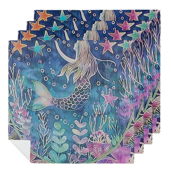Heduofu Sea Mermaid Scale Starfish Party Cloth Napkins Dinner Table Napkins, Washable Reusable Polyester Napkins for Home Holiday Party Wedding Table Setting Decoration