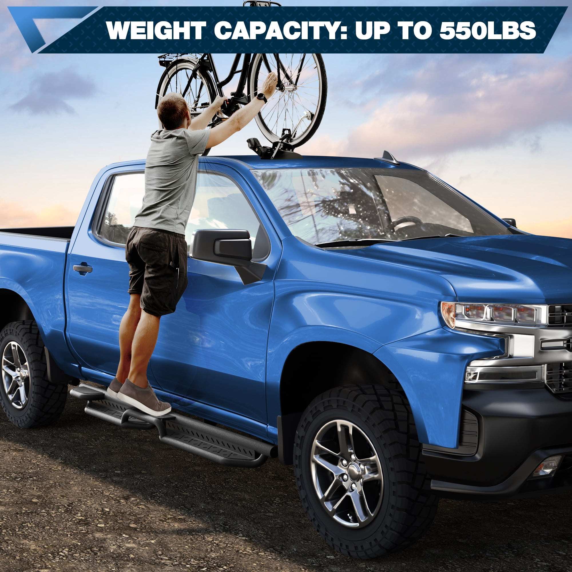 POFENZE Running Boards Side Steps for Chevy Silverado & GMC Sierra 1500 2019-2025 and Chevrolet Silverado/GMC Sierra 2500HD 3500HD Crew Cab 2020-2025 Off-Road Nerf Bars Black Raised Step