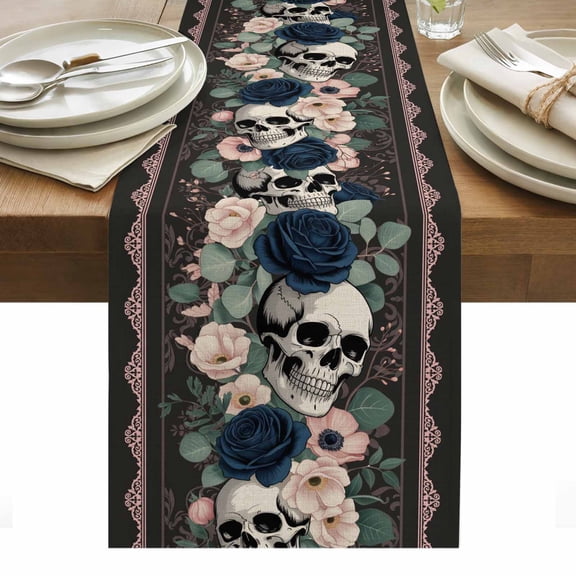 Halloween Table Runner - 90 Inch Long, Kitchen Dining Table Runner Dresser Scarves, Horror Skull Flower Leaf Floral Textured Farmhouse Decor for Coffee Tables Wedding Party Banquet