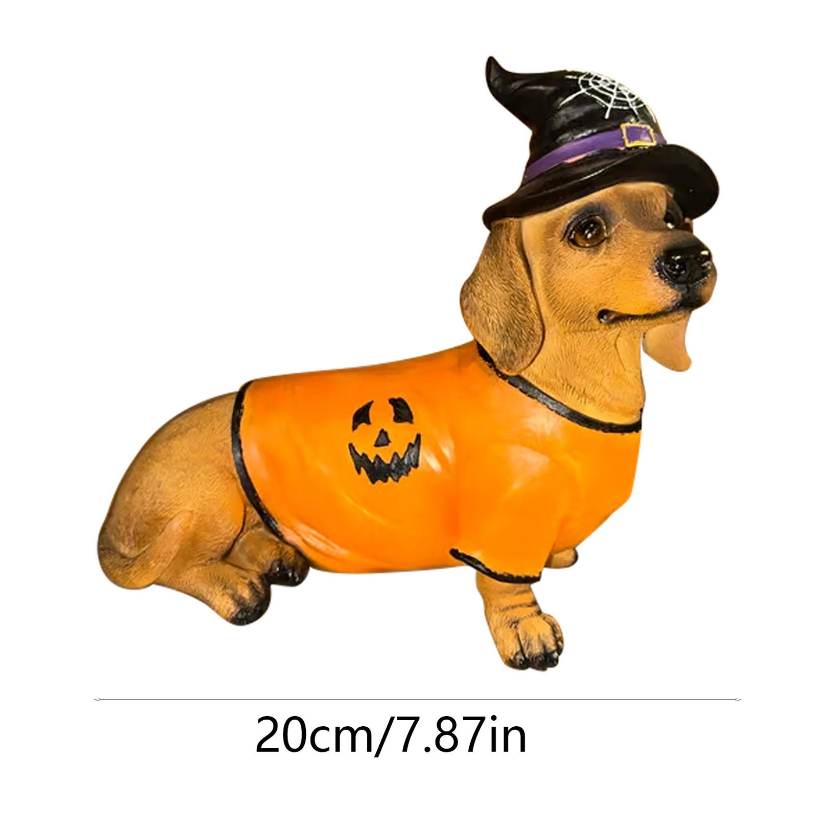 Halloween Dachshundasg Decor Statue with Witch Hat & Pumpkin Sweater Design, Dachshundasg Garden Statues, Yard & Indoor Party, Cute Sitting Dog Sculpture, Halloween Ornaments Decorations(Orange)