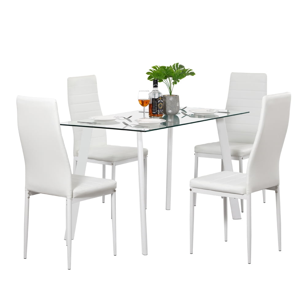 Krispich Dining Table and Chairs Set Glass Dining Table and 4 Chairs Set Faux Leather for Dining Room Kitchen White 