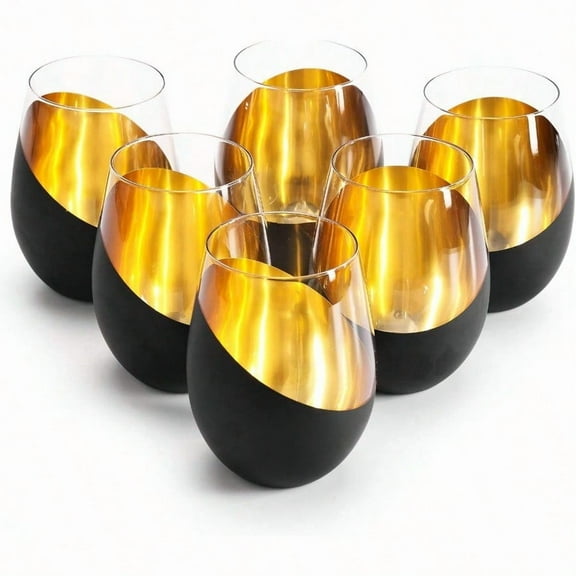 Modern Matte Black and Gold Tilted Design Steml Wine Glasses Tumblers 18 oz Set of 6