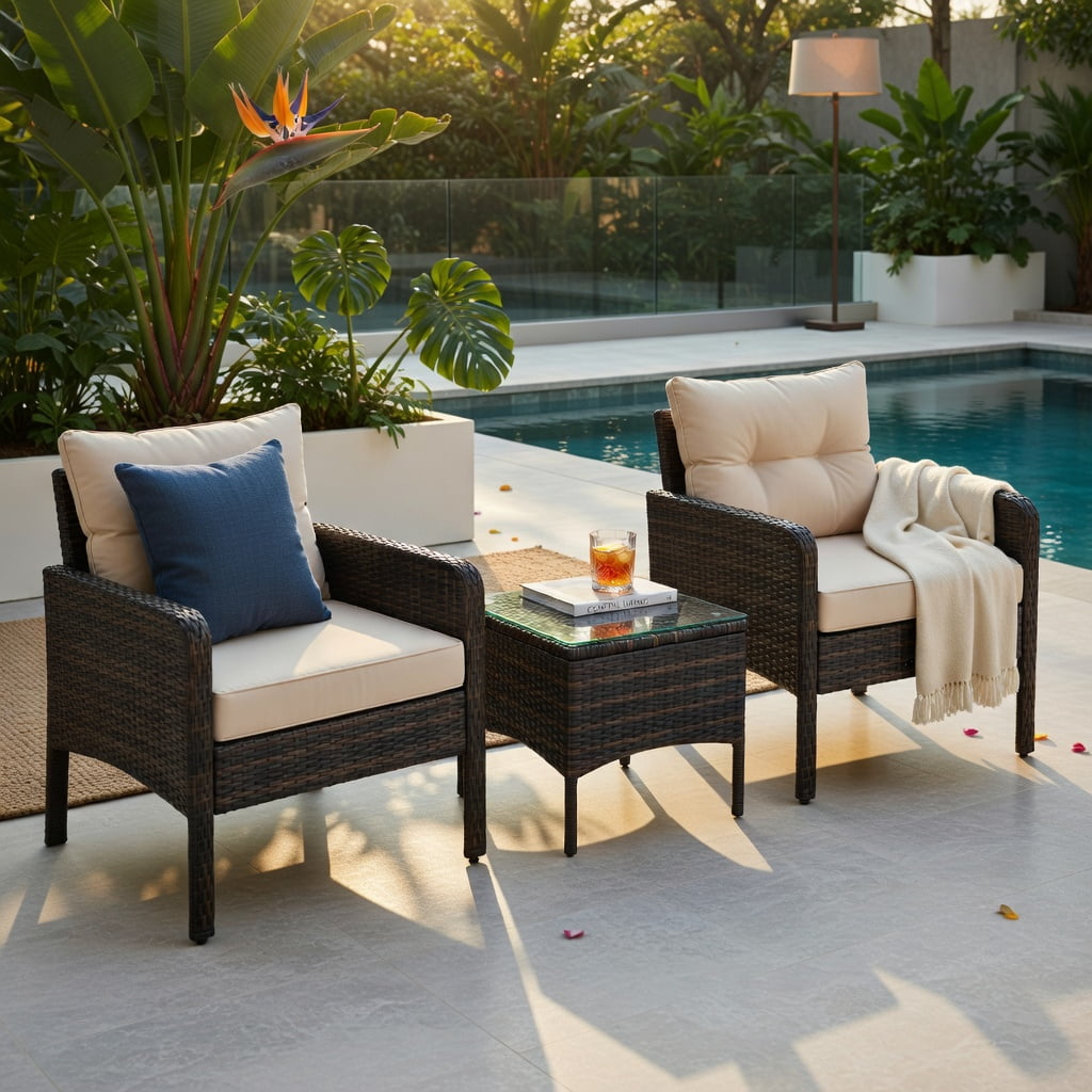 Hommoo 3-Piece Outdoor Wicker Patio Conversation Set with Plush Seat & Back Cushions, PE Rattan Chairs + Tempered Glass Coffee Table, Brown