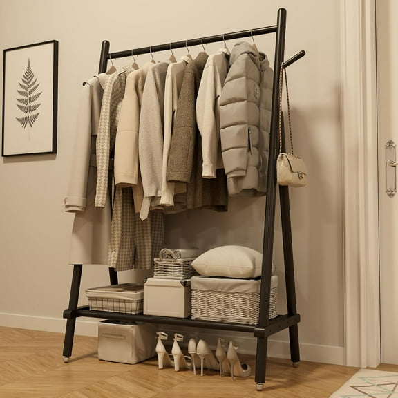 Solid Wood Clothing Rack, Rolling Clothes Rack for Hanging Clothes, Garment Rack with Shelves Load 350 Lbs, Portable Closet Organizer on Wheels for Hanging Clothes