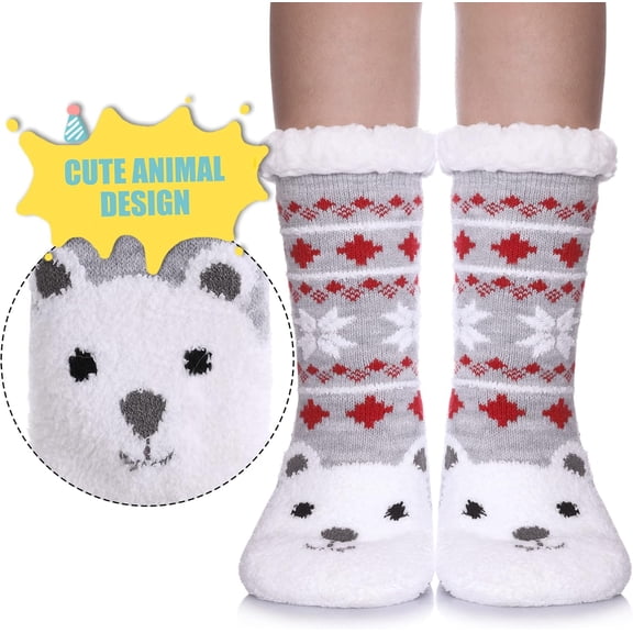 Minzimin Kids Boys Girls Slipper Socks Cute Animal Fuzzy Winter Warm Fleece Lining Christmas Socks With Grippers