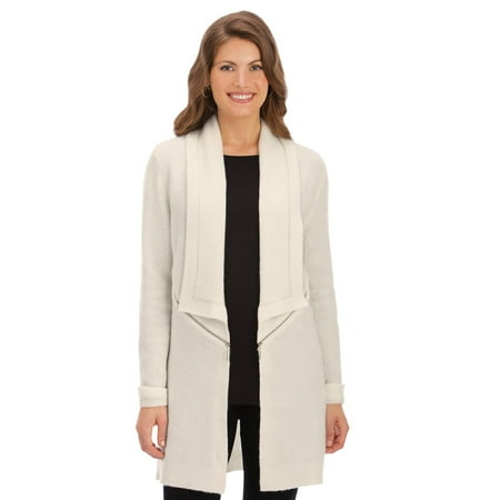 - Women's Long Knit Cardigan With Zipper Detail, X-Large, Ivory