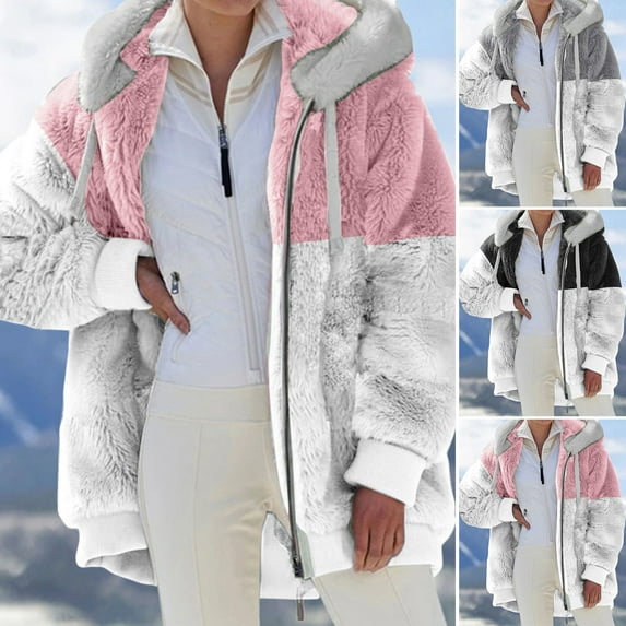 Dengjunhu Women's Faux Fur Fleece Coat, Fall and Winter Fashion Short Furry Plush Warm Jacket with Hood