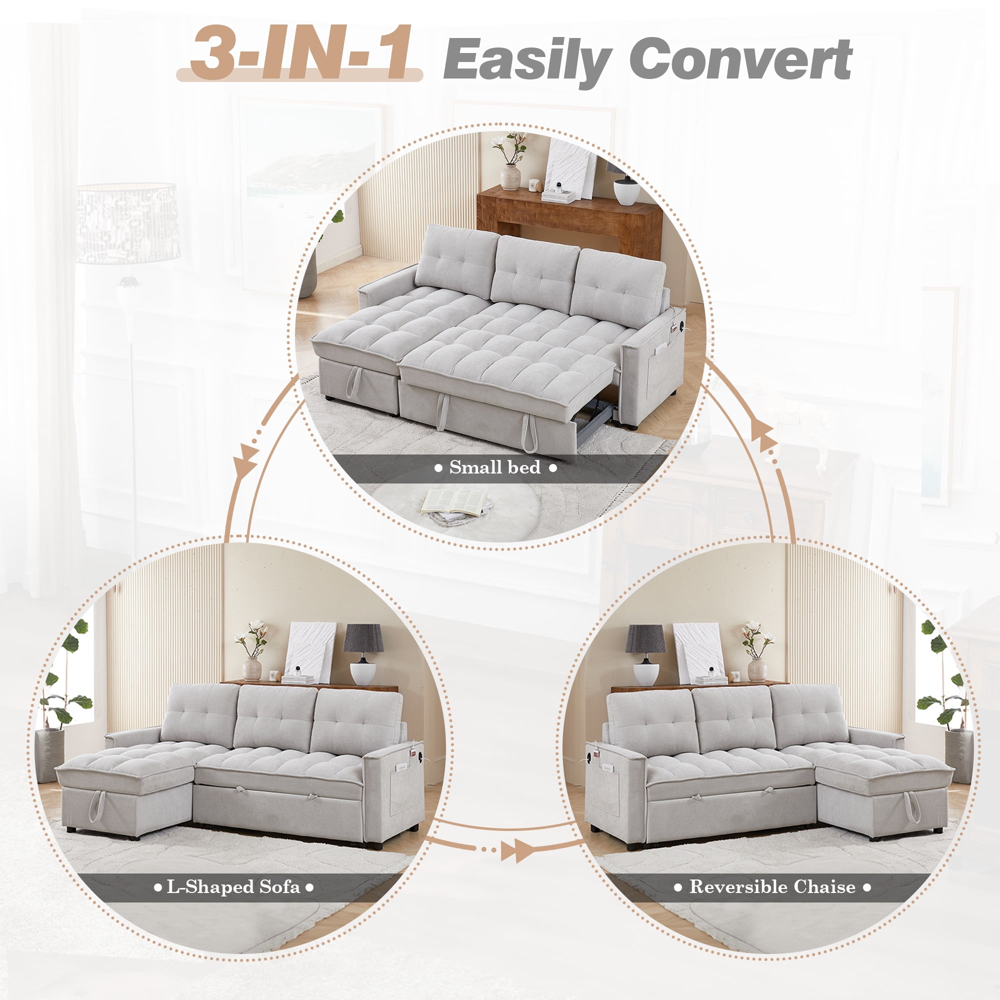 Lunale Convertible Sofa Bed with Reversible Storage Chaise, Sleeper Sectional Sofa with USB Charging Ports, L-Shaped Sectional Sofa for Apartment, Light Gray Chenille