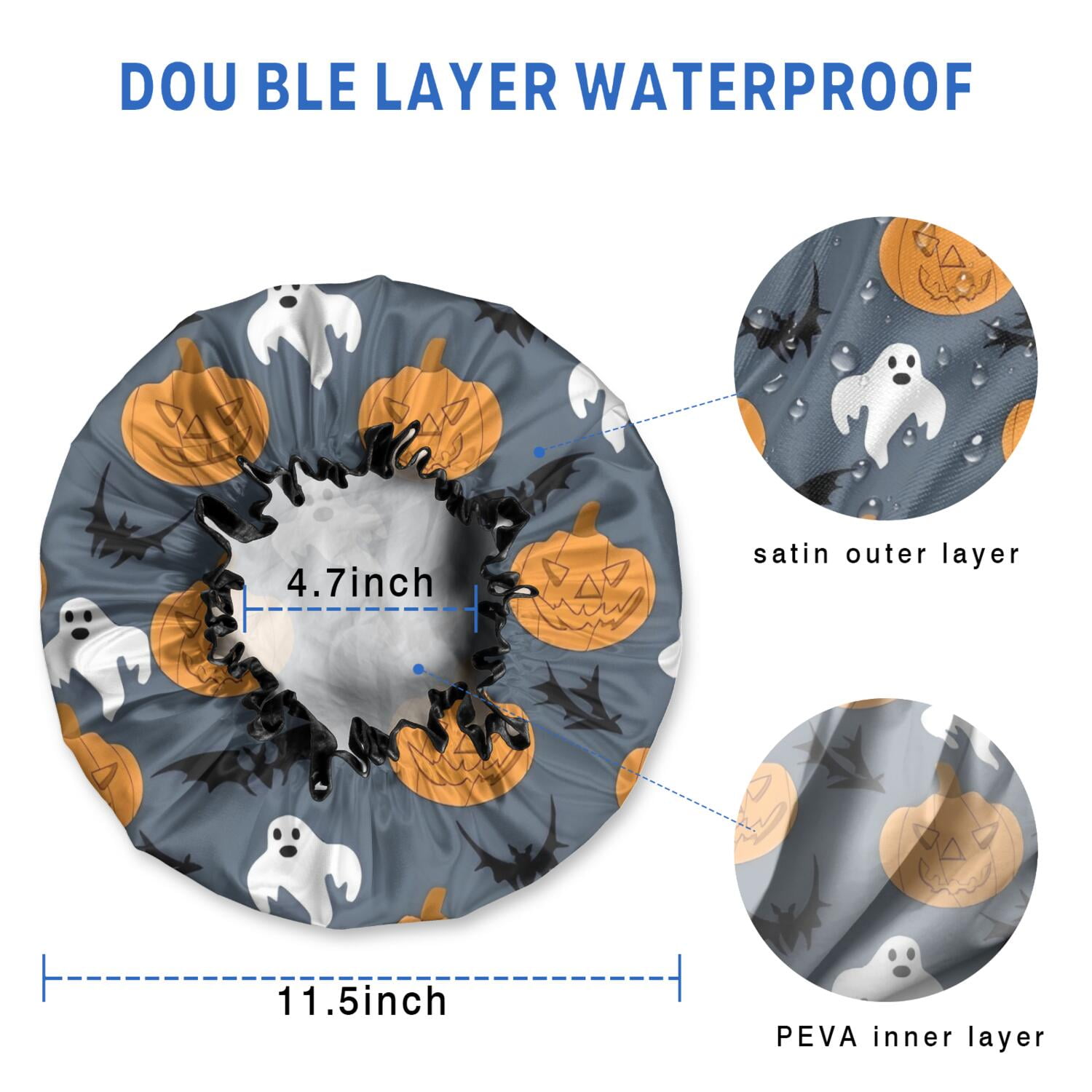 Shower Caps,Pumpkin Ghost Bat Halloween Pattern Waterproof Shower Cap for Women 4 Pieces,Double Reusable Hair Cover for Shower PEVA Elastic Stretch Hem