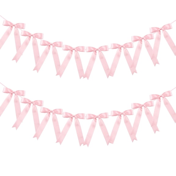 Kabuer Pink Bow Garland Banner Pre-strung Satin Bow Garland for Birthday, Baby Shower Party, Bachelorette Party Decor 2 Pack