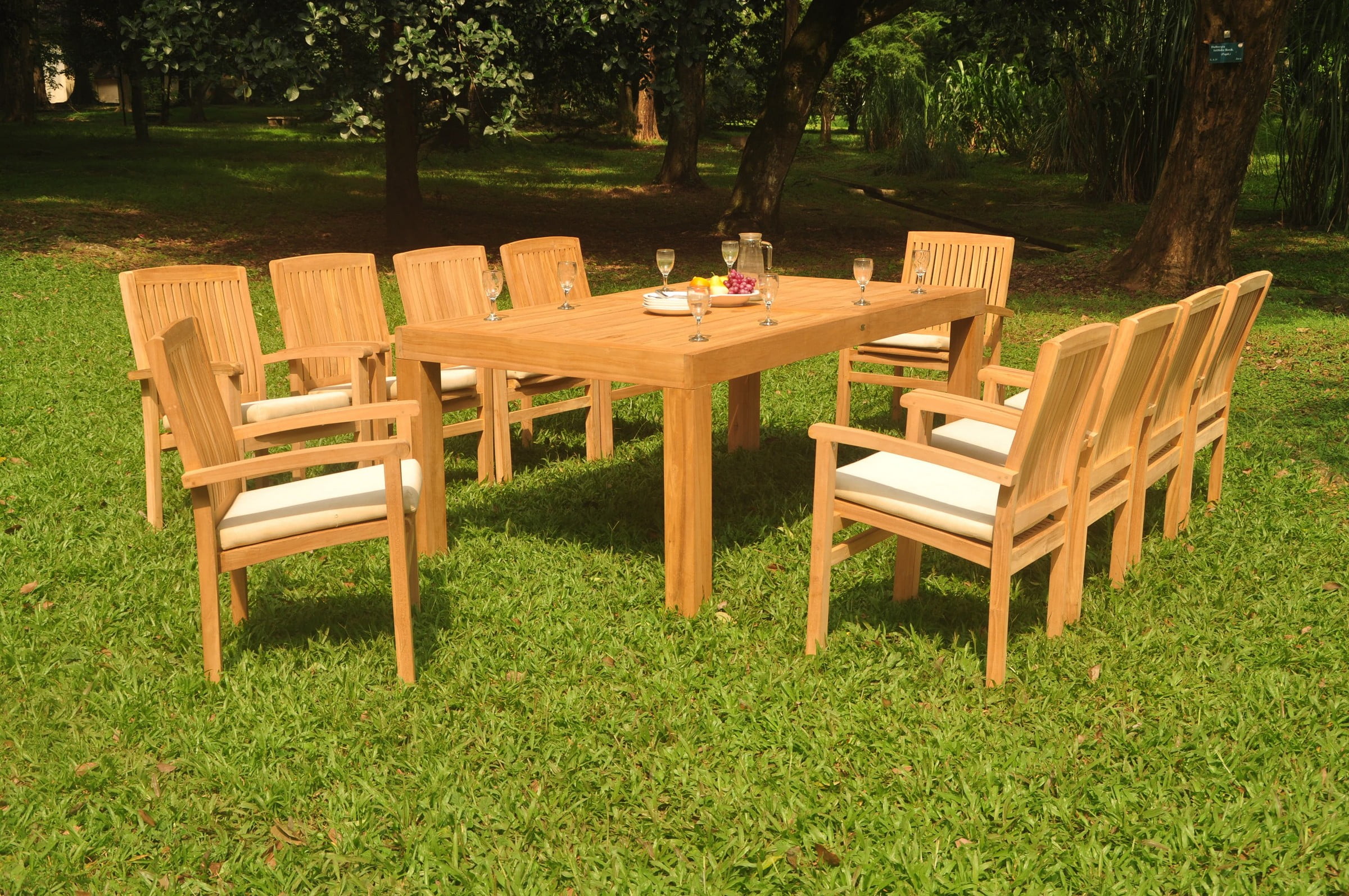 GradeA Teak Dining Set 10 Seater 11 Pc 86" Canberra Rectangle Table And 10 Wave Stacking Arm
