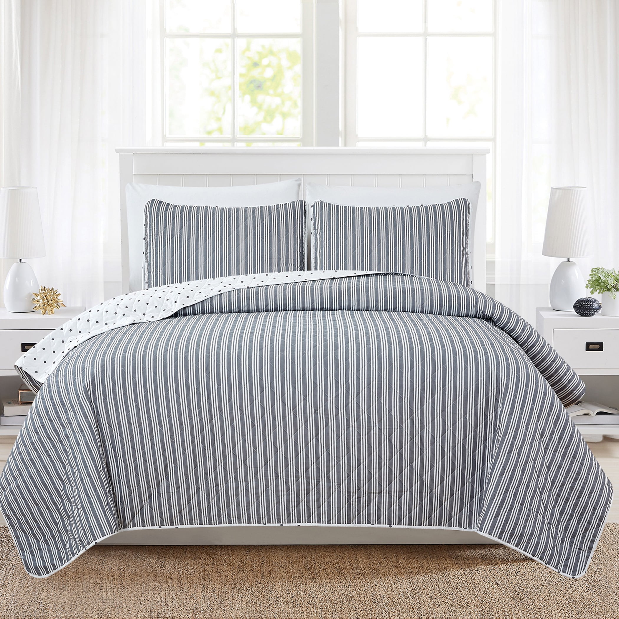 Twin Gray Reversible Microfiber Striped Quilt Set