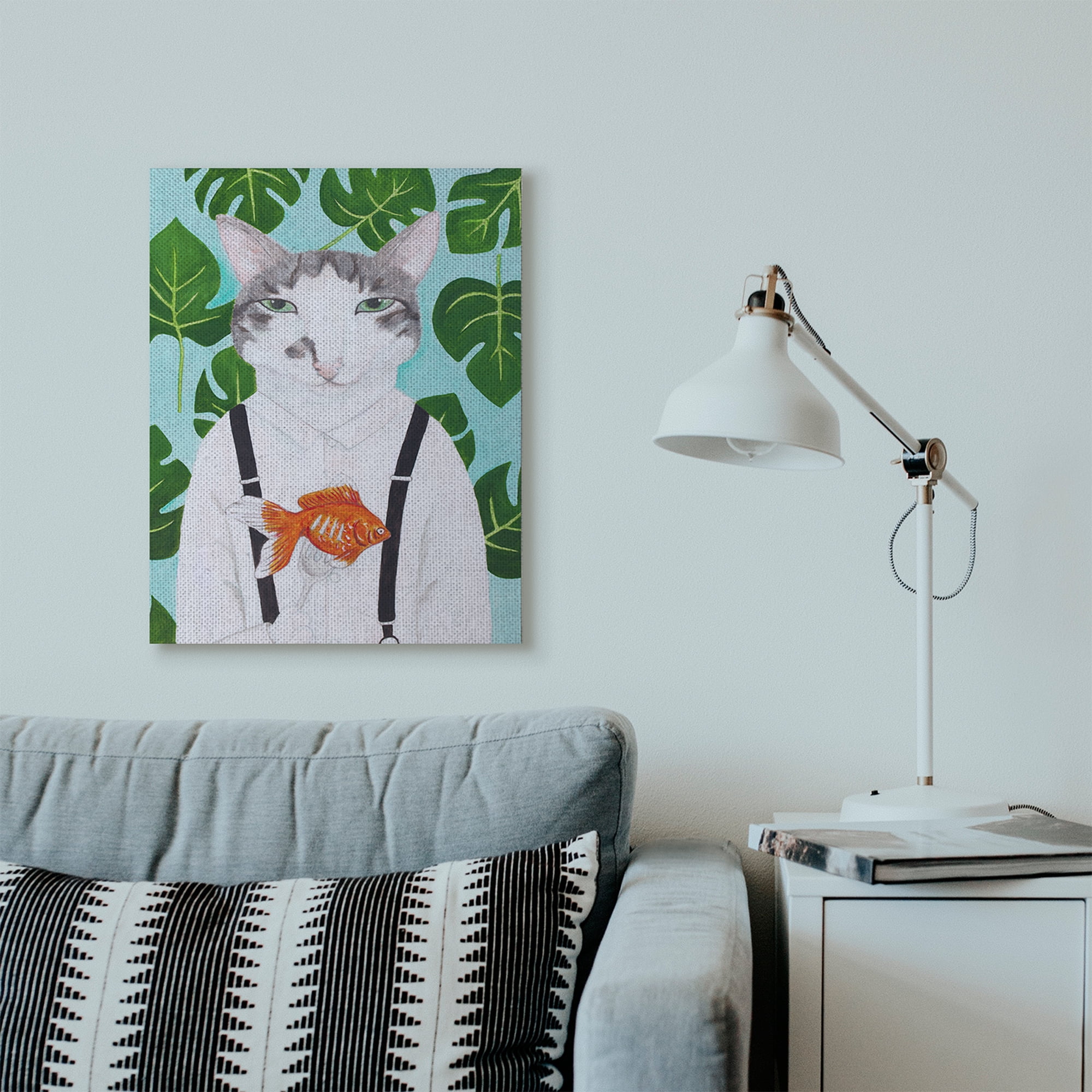 Stupell Home Décor Cat Goldfish Dinner Funny Animal Portrait Painting Canvas Wall Art by Sally B