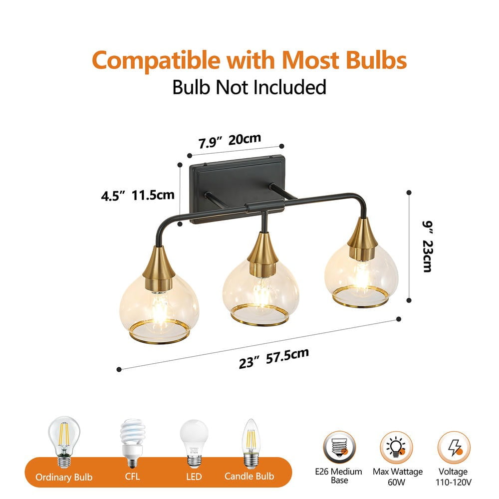 Kadyn Wall Lights, Wall Lamps, 23" Modern 3-Light Vanity Wall Sconce, Black and Gold Bathroom Light Fixture with Clear Glass Shades(Bulb Not Included)