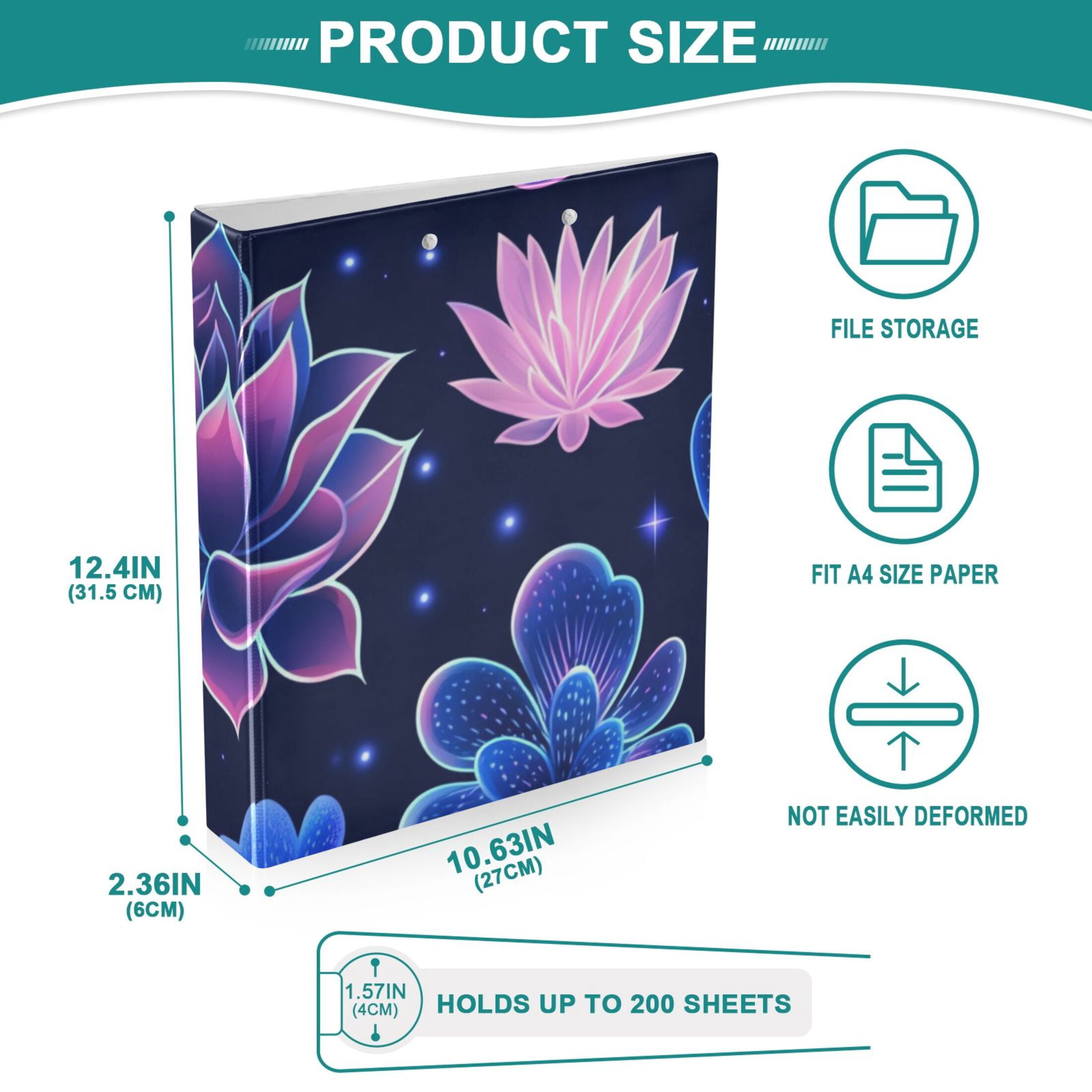 Blue Growing Flowers 3 Ring Binders 1.5 inch Hardcover File Folders with Interior Pockets A4 Size Organizer for School Office Hospital