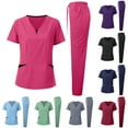 thumbnail image 2 of Bosfbaoi Women's 2 Piece Scrub Set Nursing Uniform Sets Contrast V-Neck Short Sleeve Top Drawstring Waist Straight Leg Pants Multi-pocket Medical Uniform, 2 of 3