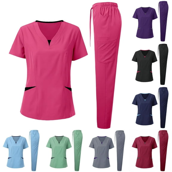 LSLJS Nursing Scrubs for Women Set Stretch V-Neck Uniform Scrub Top Drawstring Pants, Slim-fit Workwear Scrubs Set Solid Top and Pants with Multi Pocket, S-2XL