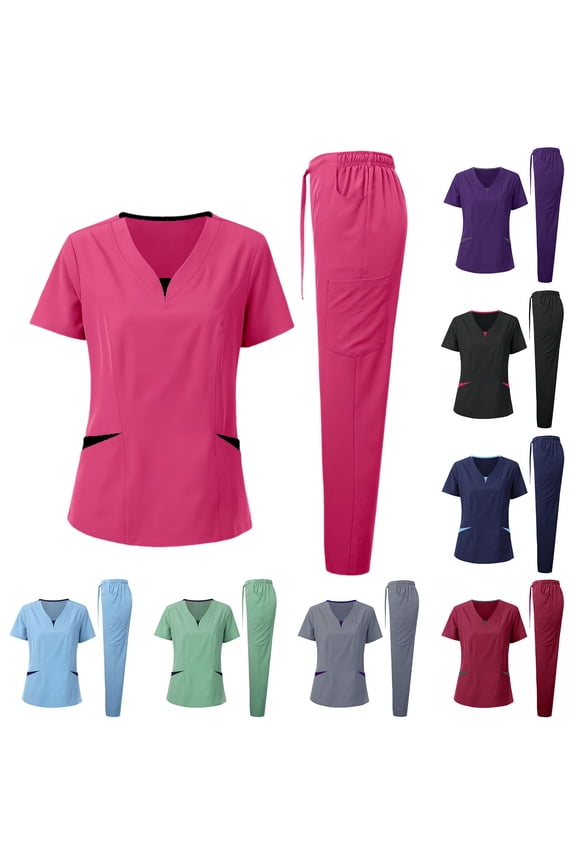 Nursing Scrubs for Women Set Stretch V-Neck Uniform Scrub Top Drawstring Pants, Slim-fit Workwear Scrubs Set Solid Top and Pants with Multi Pocket, S-2XL