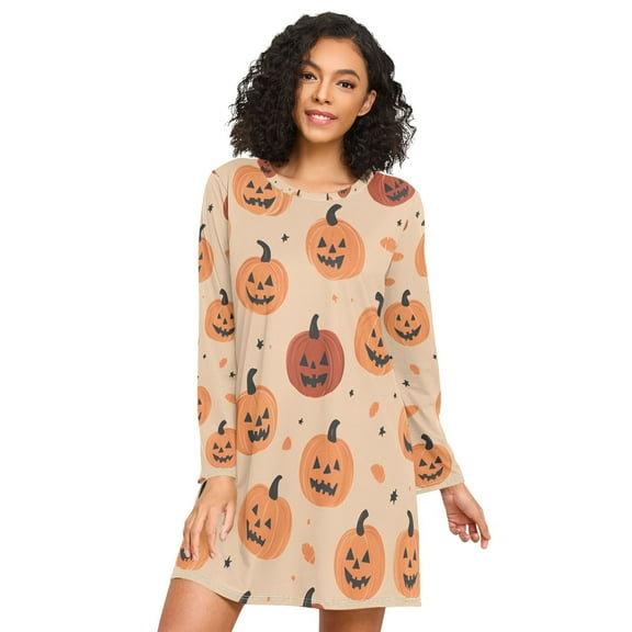 FORMRS Womens Long Sleeve Nightgowns Crew Neck Sleep Shirt Soft Pajamas Sizes S-3XL, Colorful Halloween Pumpkin Pattern