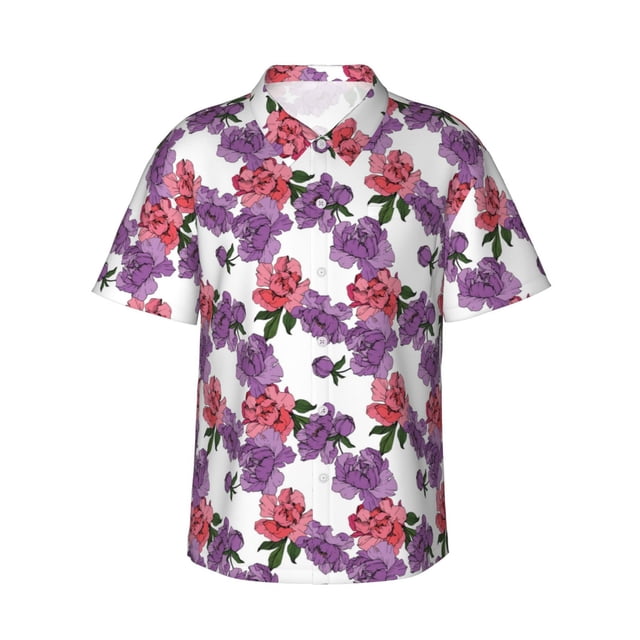 Balery Peonies Camisas hawaianas de manga corta para hombre, camisas playeras de corte holgado, camisas de vacaciones con botones,Large