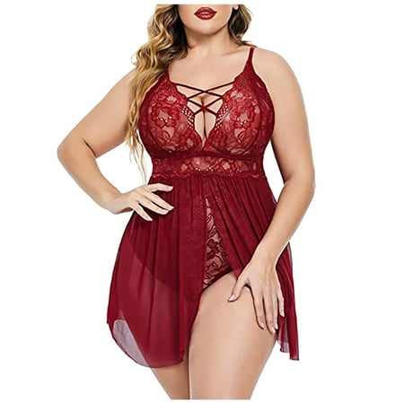 Odeerbi Women s Plus Size Lingerie Dress Set Babydoll 2025 Valentine s Day Sexy Lingerie Lace Mesh Hollow Out Chemise Nightgown Temptation Underwear Nightdress Sleepwear Burgundy