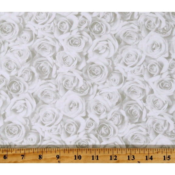 Cotton Roses Valentine's Day Flowers Floral Love Budding Romance White Cotton Fabric Print by the Yard (23846-10WHITE)